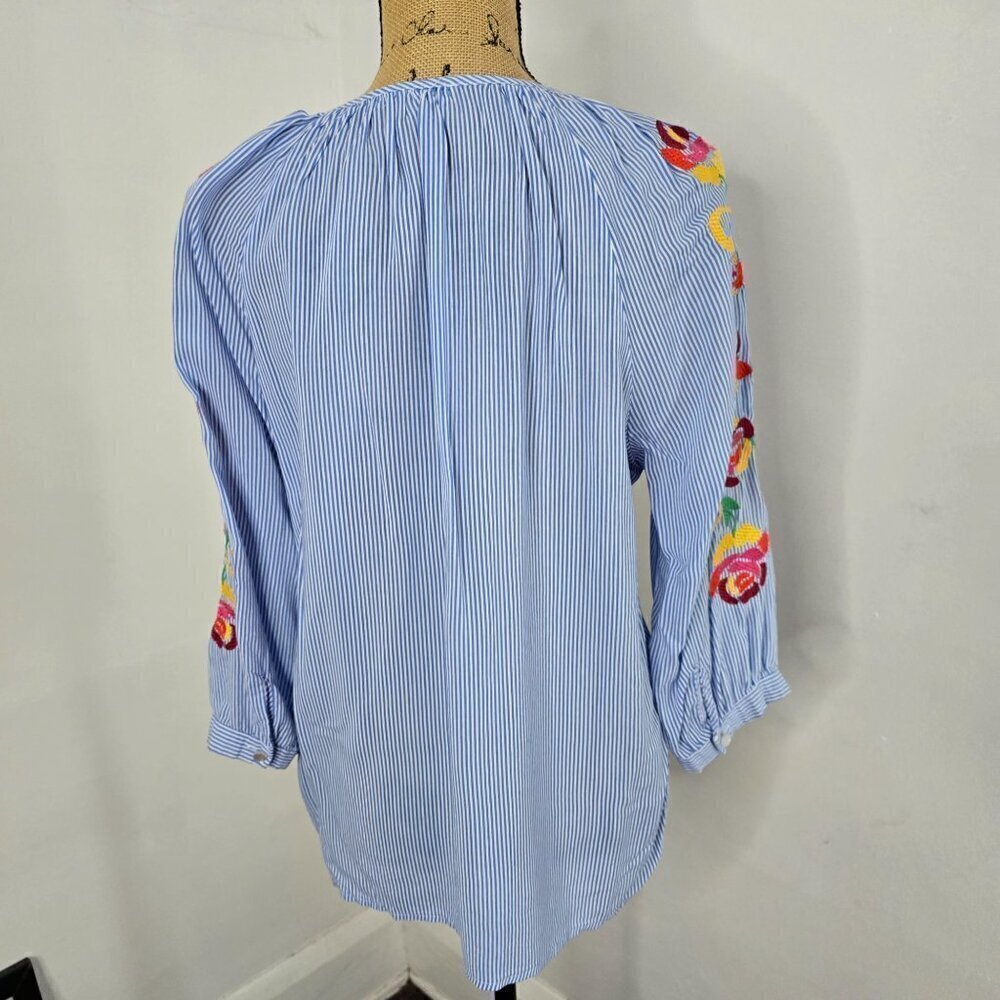Artisan NY Blue Striped Flowy Colorful Floral Embroidery Boho Top - Picture 3 of 12